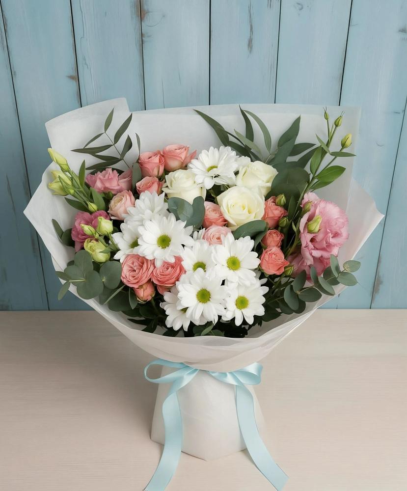 Букет цветов из: Розы, Лизиантусы и Хризантемы в Волченки