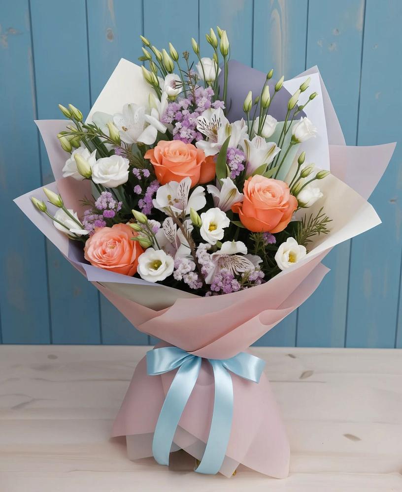 Букет цветов из: Лизиантусы, Розы, Альстромерии и Гипсофила в Волченки