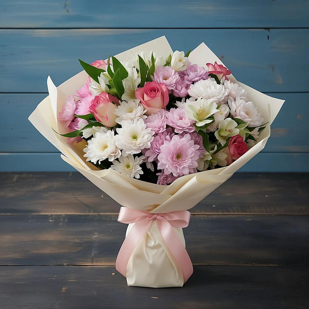 Букет цветов из: Хризантемы, Альстромерии и Розы в Волченки